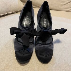 Pedro Garcia Satin Rhinestone Lace-Up Heeled Ankle Booties in Navy